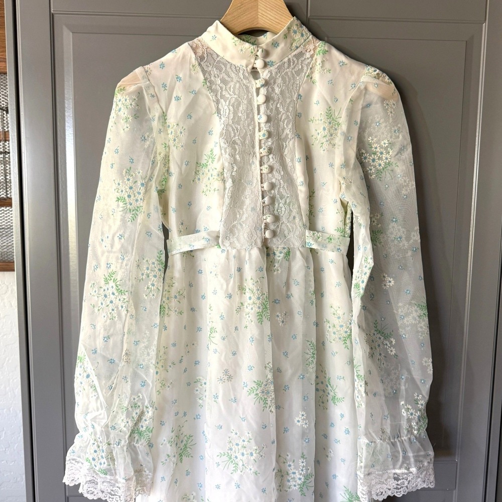 Pussycat Carla Jane Vintage 70s Victorian Prairie Floral Lace Maxi Dress,Cream,S - Picture 4 of 12